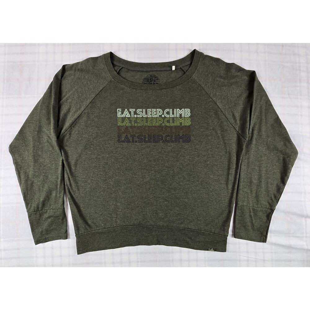 PrAna Womens Eat.Sleep.Climb Long Sleeve Graphic Tee Olive Green M